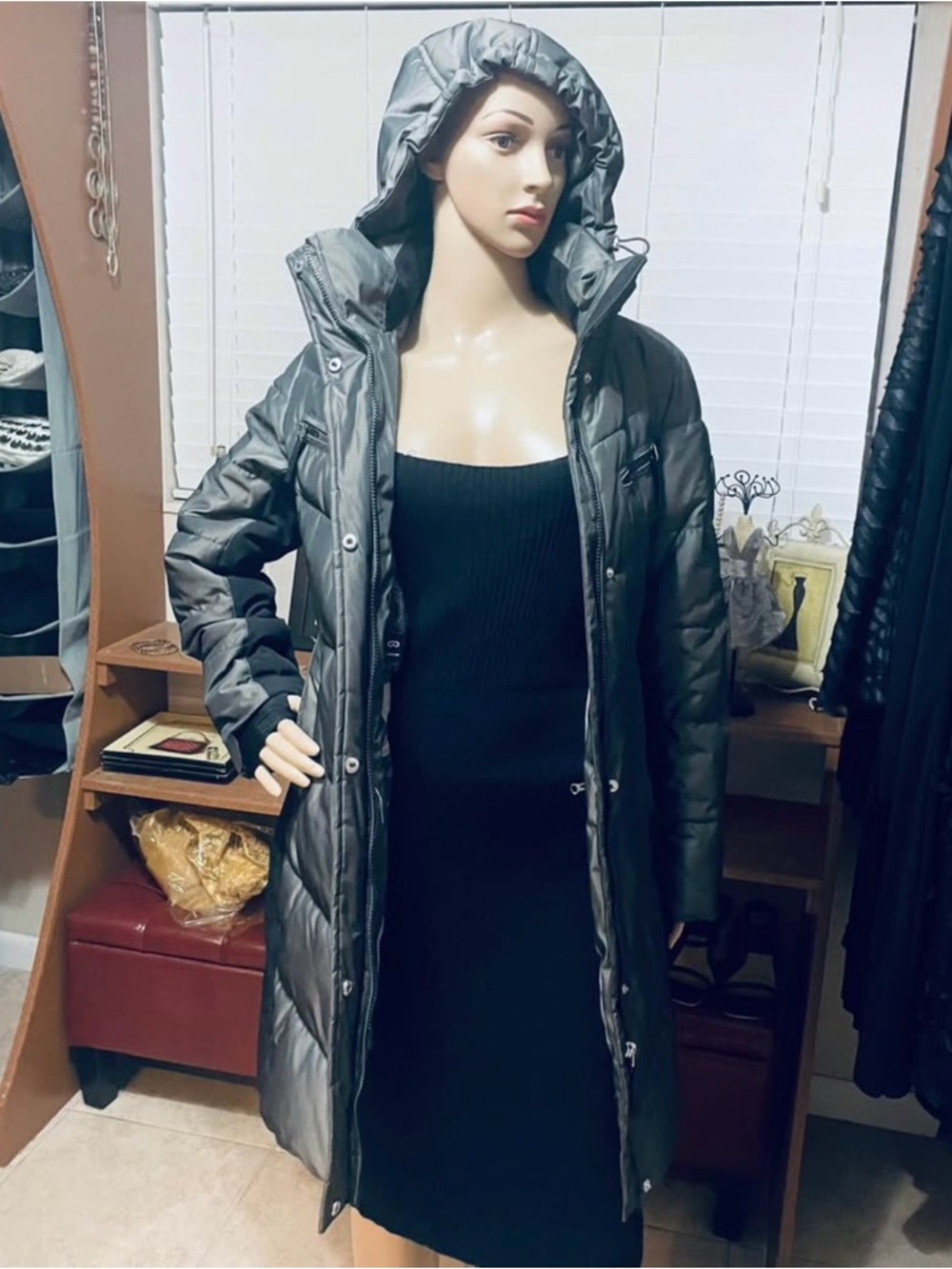 Calvin Klein Metallic Gray Long Hooded Puffer Coat